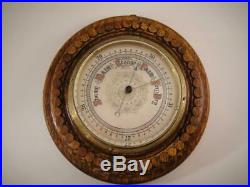 Antique Barometer Germany Carved Oak Case 8 3/4 Round 1920's To 1930's VGC