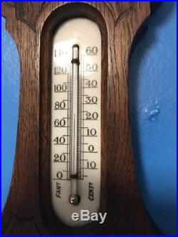 Antique Barometer Ornate Carved Wood Aneroid Victorian Thermometer England Works
