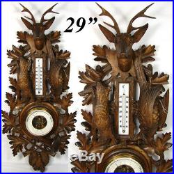 Antique Black Forest 29 Barometer Stag, Fruits of the Hunt Carved Hare & Bird