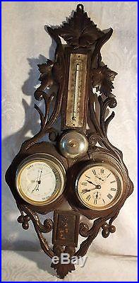 Antique Black Forest Barometer with Alarm Clock and Thermometer Working