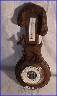 Antique Black Forest Barometer with Carved Deer Thermometer Working