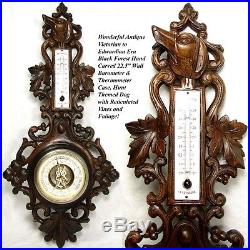 Antique Black Forest Carved 22.5 Wall Barometer, Hunting Dog & Pierced Foliage