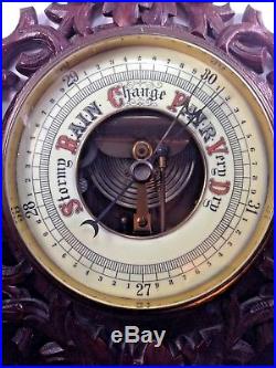 Antique Black Forest Carved Barometer & Porcelain Face Thermometer Forest Decor