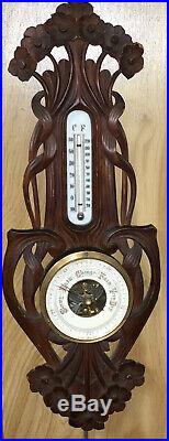 Antique Black Forest Carved Barometer Thermometer ART NOUVEAU Decoration VG