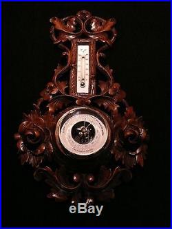 Antique Black Forest Carved Wall Barometer/Weather Station in Solid Walnut 1800