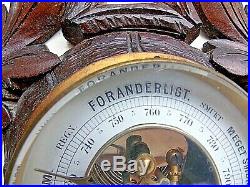 Antique Black Forest Carved Walnut Barometer/Thermometer