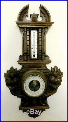 Antique Black Forest Carved Wood 26 Cased Aneroid Barometer Thermometer
