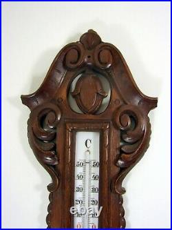 Antique Black Forest Carved Wood Barometer / Thermometer