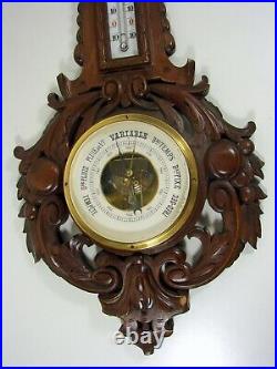 Antique Black Forest Carved Wood Barometer / Thermometer