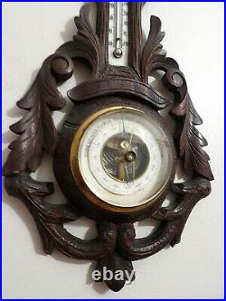 Antique Black Forest Carved Wooden Barometer German 17 x 8 functions