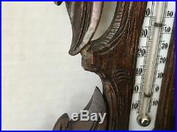 Antique Black Forest Hand Carved Wooden Barometer and Thermometer