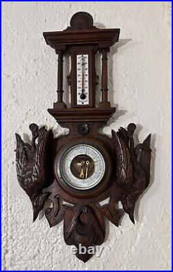 Antique Black Forest Hand Carved Working Barometer Thermometer Game Birds Basket