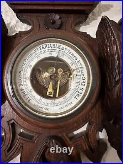 Antique Black Forest Hand Carved Working Barometer Thermometer Game Birds Basket