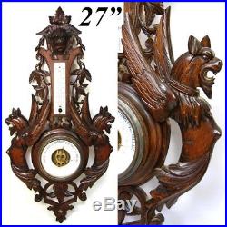 Antique Black Forest Style Carved 27 Wall Barometer, Thermometer, Wing Griffin