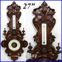 Antique Black Forest Style Carved Wood 27 Cased Aneroid Barometer, Thermometer