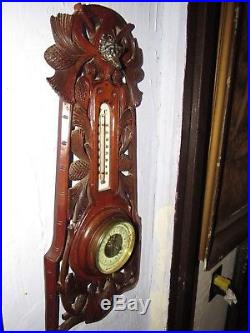 Antique Black Forest Wood Carved Barometer Thermometer RIFLES AND BOARS HEAD