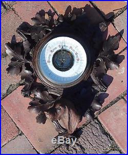 Antique Black Forest Wood Carved Leaves Dog Glass Eyes Barometer