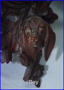 Antique Black Forest Wood Carved Leaves Dog Glass Eyes Barometer