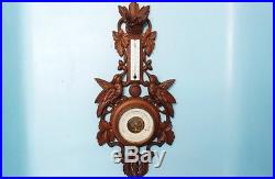 Antique Black Forest Wood Carving Thermometer Barometer Hunt Fox Crow Paris