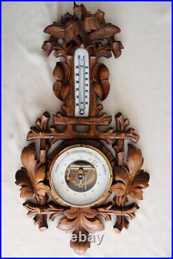 Antique Black Forest Woodcrafted Wall Barometer & Thermometer