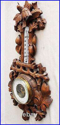Antique Black Forest Woodcrafted Wall Barometer & Thermometer