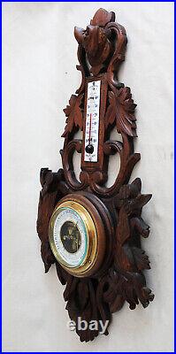 Antique Black Forest Woodcrafted Wall Barometer & Thermometer Hunting scene