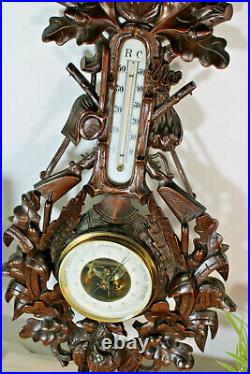 Antique Black forest wood carved XL barometer hunting deer dog theme rare