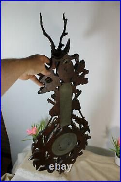 Antique Black forest wood carved XL barometer hunting deer dog theme rare