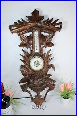 Antique Black forest wood carved wall barometer birds nest rare
