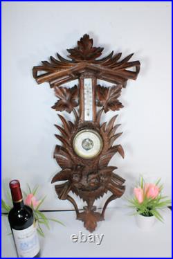 Antique Black forest wood carved wall barometer birds nest rare