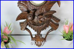 Antique Black forest wood carved wall barometer birds nest rare