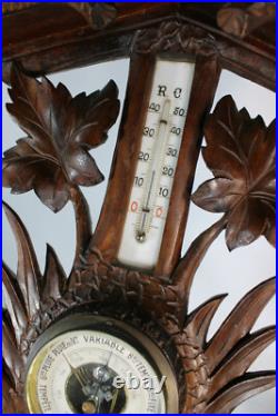 Antique Black forest wood carved wall barometer birds nest rare