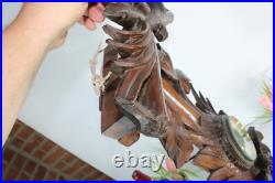 Antique Black forest wood carved wall barometer birds nest rare