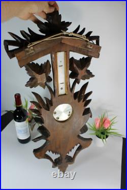 Antique Black forest wood carved wall barometer birds nest rare