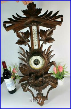 Antique Black forest wood carved wall barometer birds nest rare