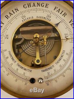 Antique Brass Aneroid Wall Barometer with Dual Horizontally Opposed Thermometers