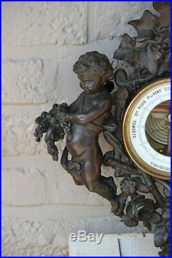 Antique CAST iron Angel putti figurine Butterfly art nouveau barometer