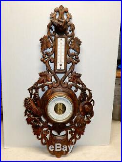 Antique Carved Black Forest Wall Barometer Thermometer Dogs Head Circa 1870