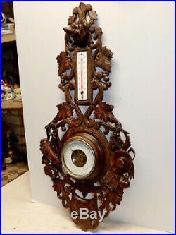 Antique Carved Black Forest Wall Barometer Thermometer Dogs Head Circa 1870