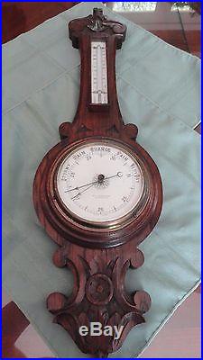 Antique Carved Dark Wooden Banjo Style Barometer & Thermometer