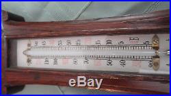 Antique Carved Dark Wooden Banjo Style Barometer & Thermometer