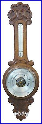 Antique Carved Oak Banjo Aneroid Wall Barometer & Thermometer Barometric 33