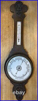 Antique Carved Oak Banjo Aneroid Wall Barometer & Thermometer Excellent 34.5
