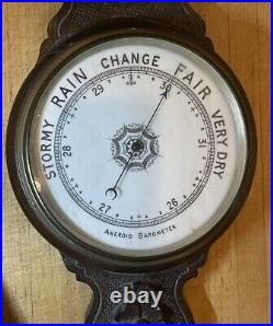 Antique Carved Oak Banjo Aneroid Wall Barometer & Thermometer Excellent 34.5