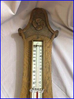 Antique Carved Oak Banjo Barometer & Thermometer 26 HIGH