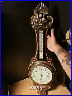 Antique Carved Oak Banjo Wall Aneroid Barometer Thermometer weather station