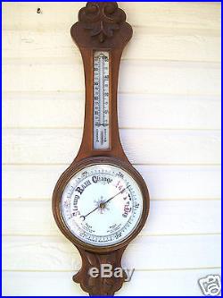 Antique Carved Oak Barometer and Thermometer