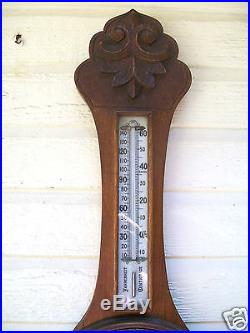 Antique Carved Oak Barometer and Thermometer