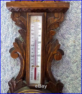 Antique Carved Solid Oak Aneroid Barometer + Thermometer Porcelain Face N/R