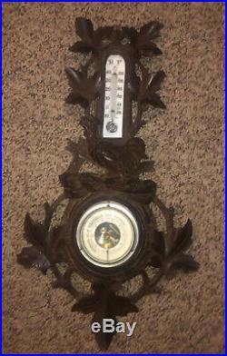 Antique Carved Wood Black Forest Barometer With Rooster